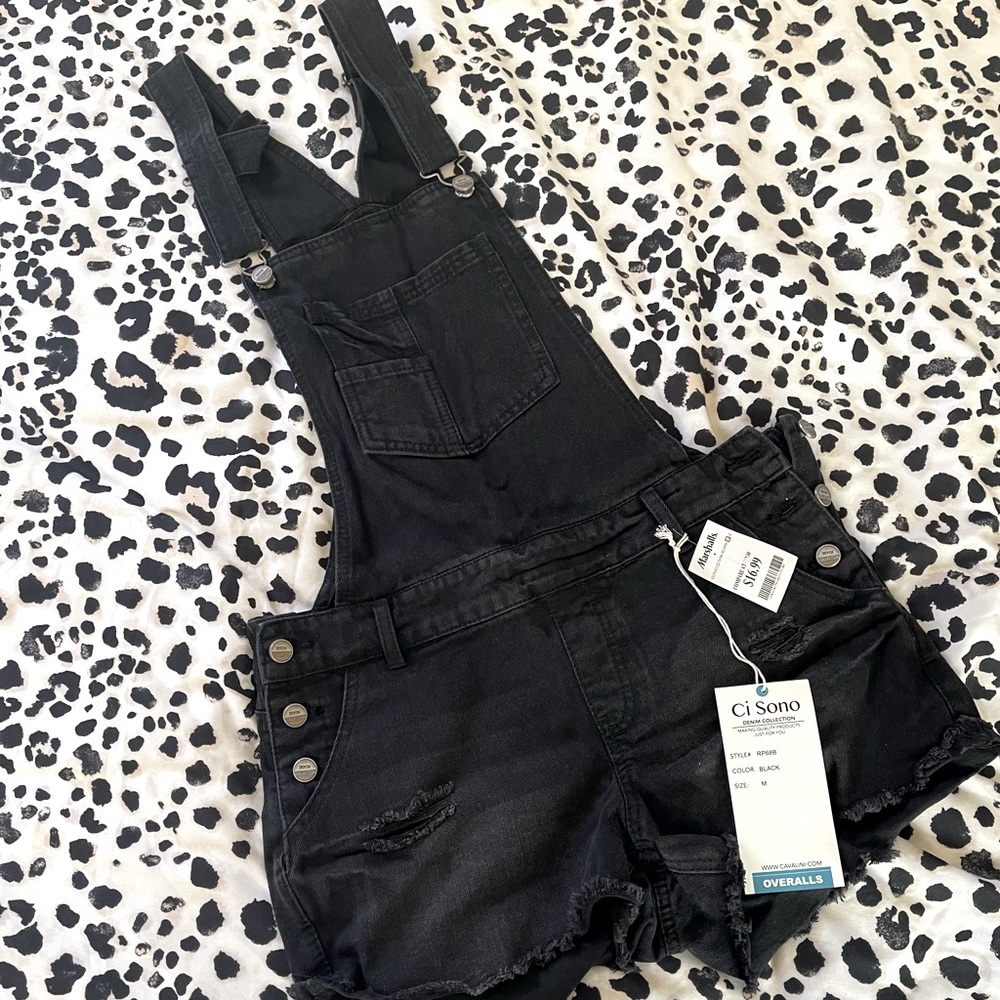 Black denim overall shorts